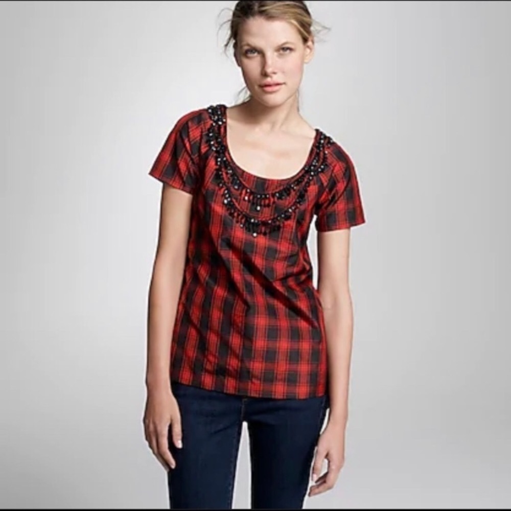J. Crew Eliza Red & Black Tartan Silk Beaded Top